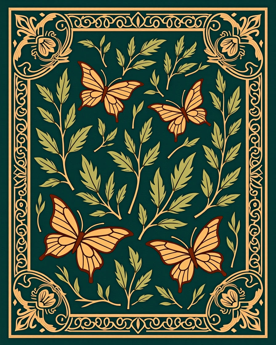 Golden Butterflies on Green Foliage Rug