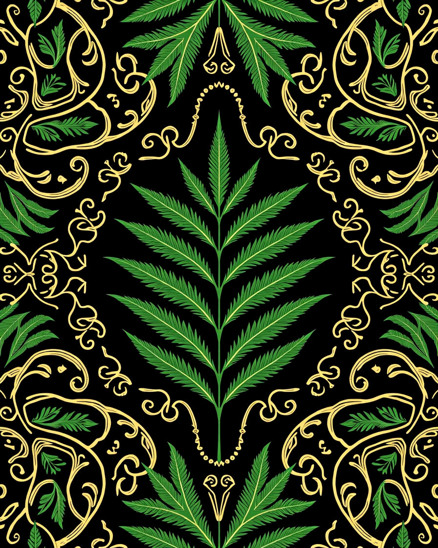 Black Elegant Emerald Leaf Pattern Rug