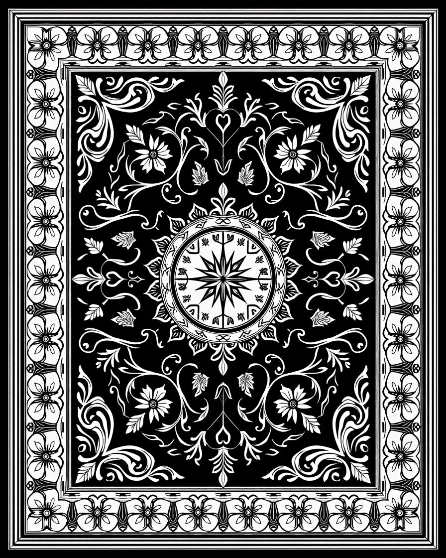 Intricate Floral Mandala Black White Design Rug