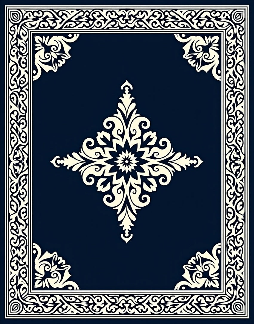 Elegant Ivory Navy Floral Medallion Rug