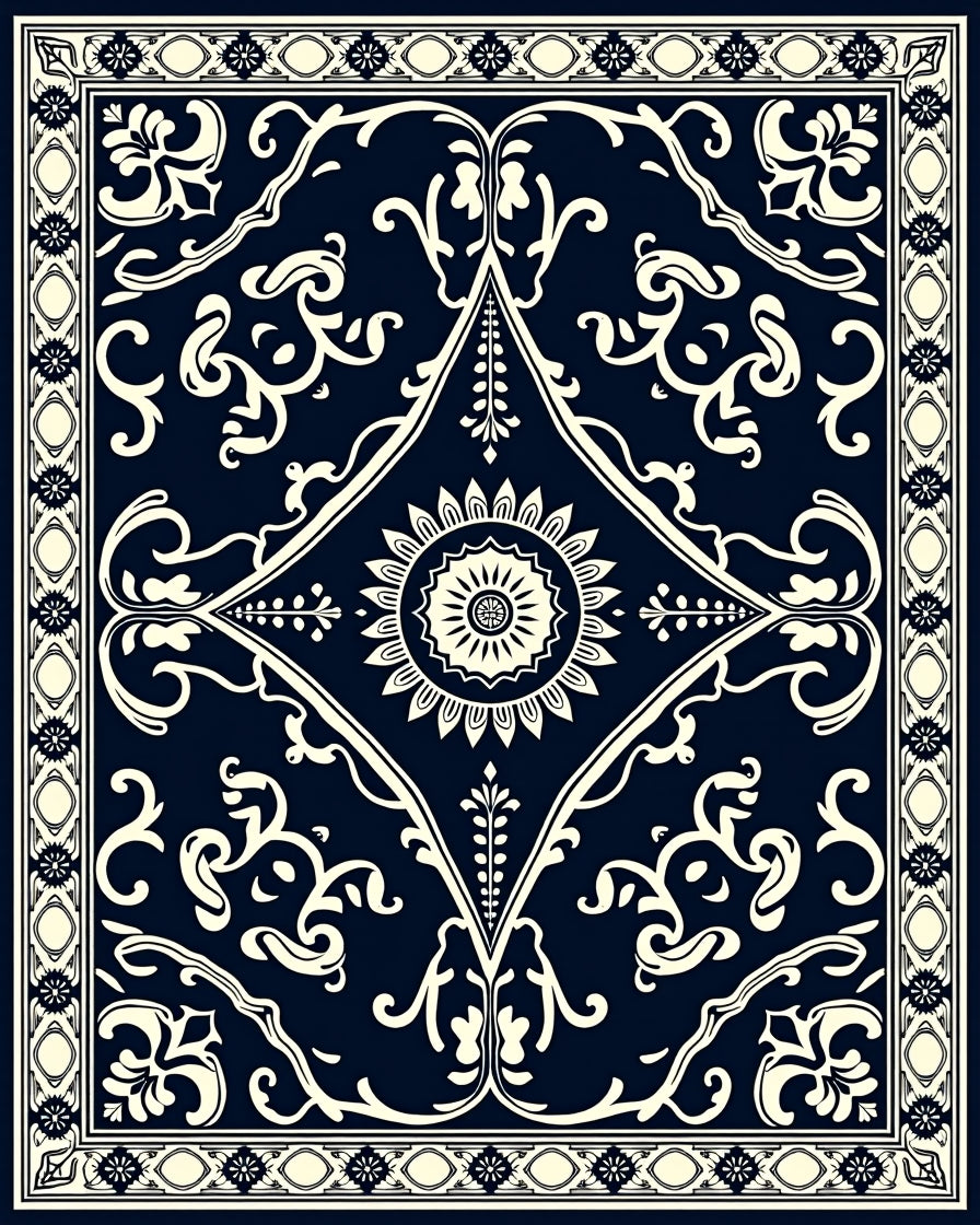 Navy Ivory Floral Scroll Design Rug