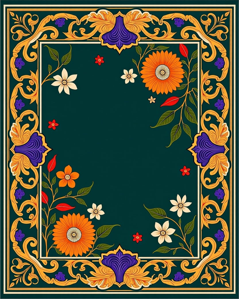 Ornate Floral Border with Warm Accents Rug