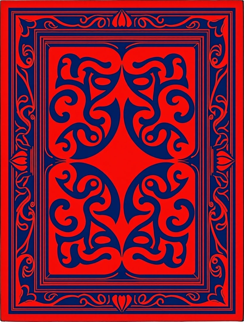 Red Blue Ornate Scrollwork Rug