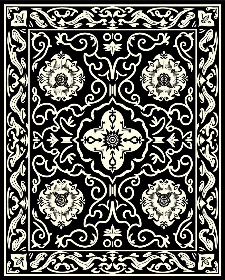 Classic Black Floral Vine Pattern Rug
