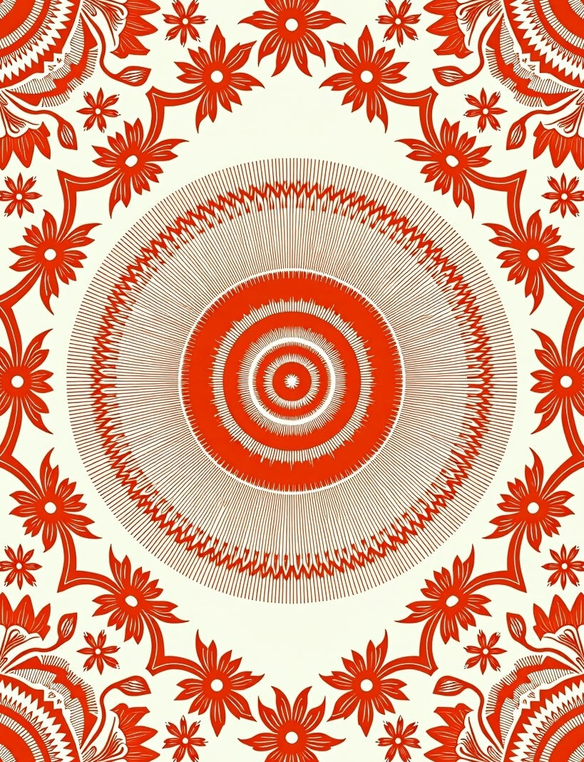 Red Floral Sunburst Mandala Design Rug