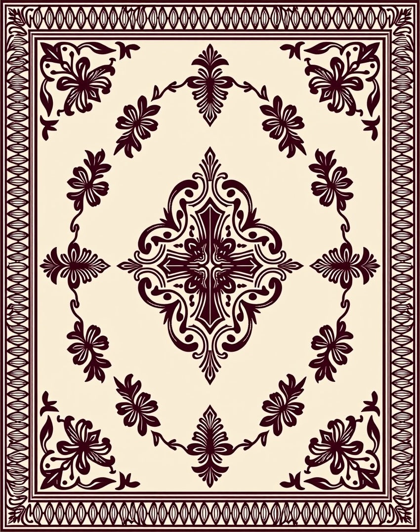 Cream Burgundy Ornamental Floral Pattern Rug