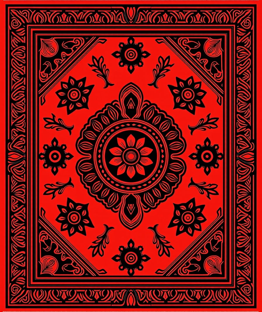 Red Floral Medallion Border Design Rug