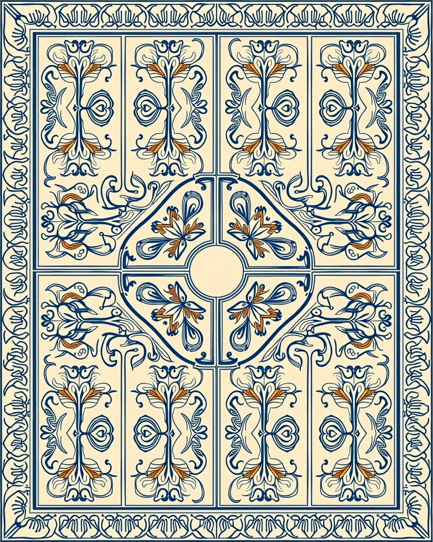 Ornate Blue Floral Medallion Tapestry Rug