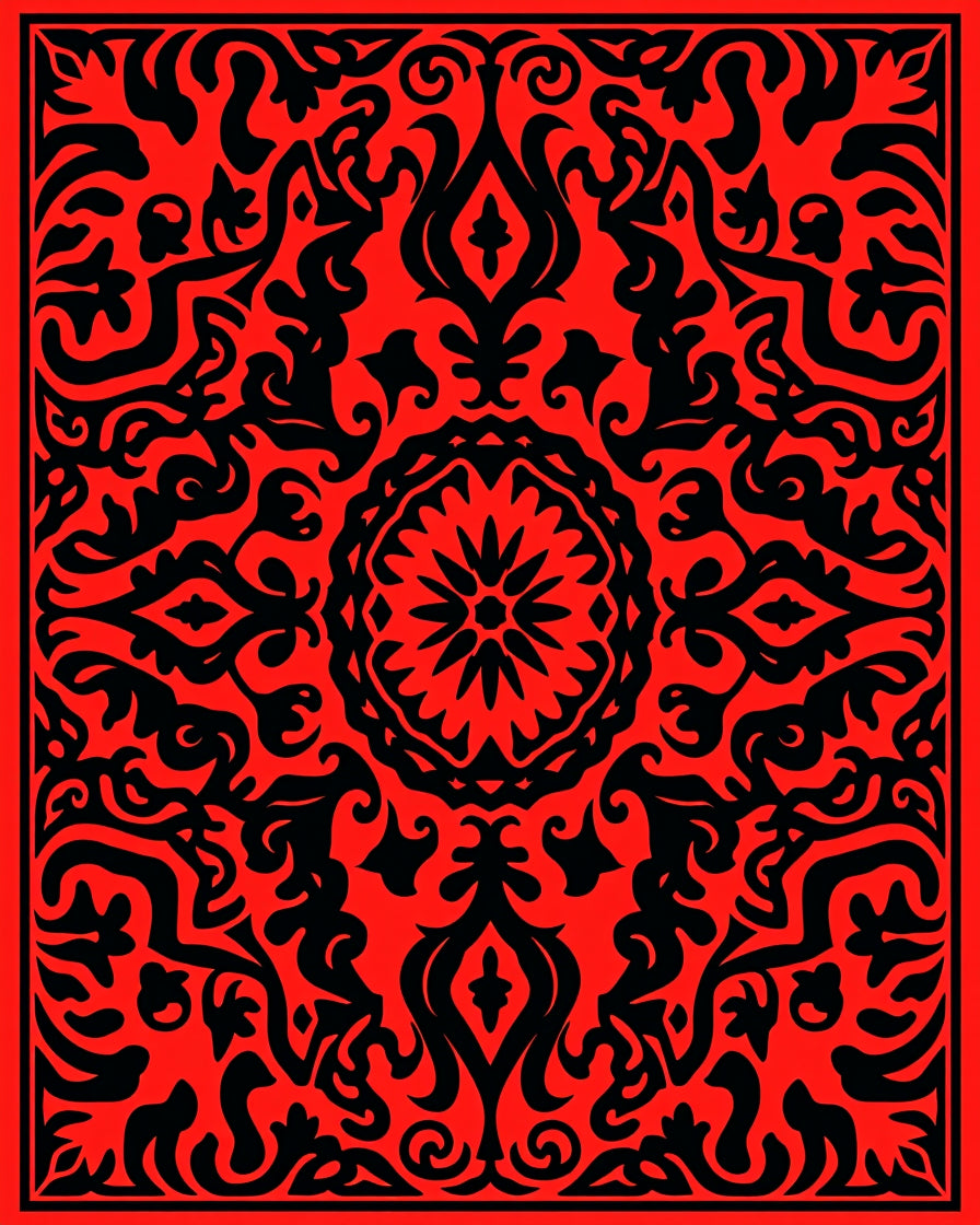 Radiant Red Black Medallion Pattern Rug