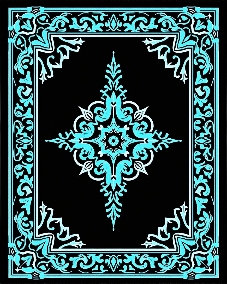 Ornate Teal With Black Floral Pattern Rug
