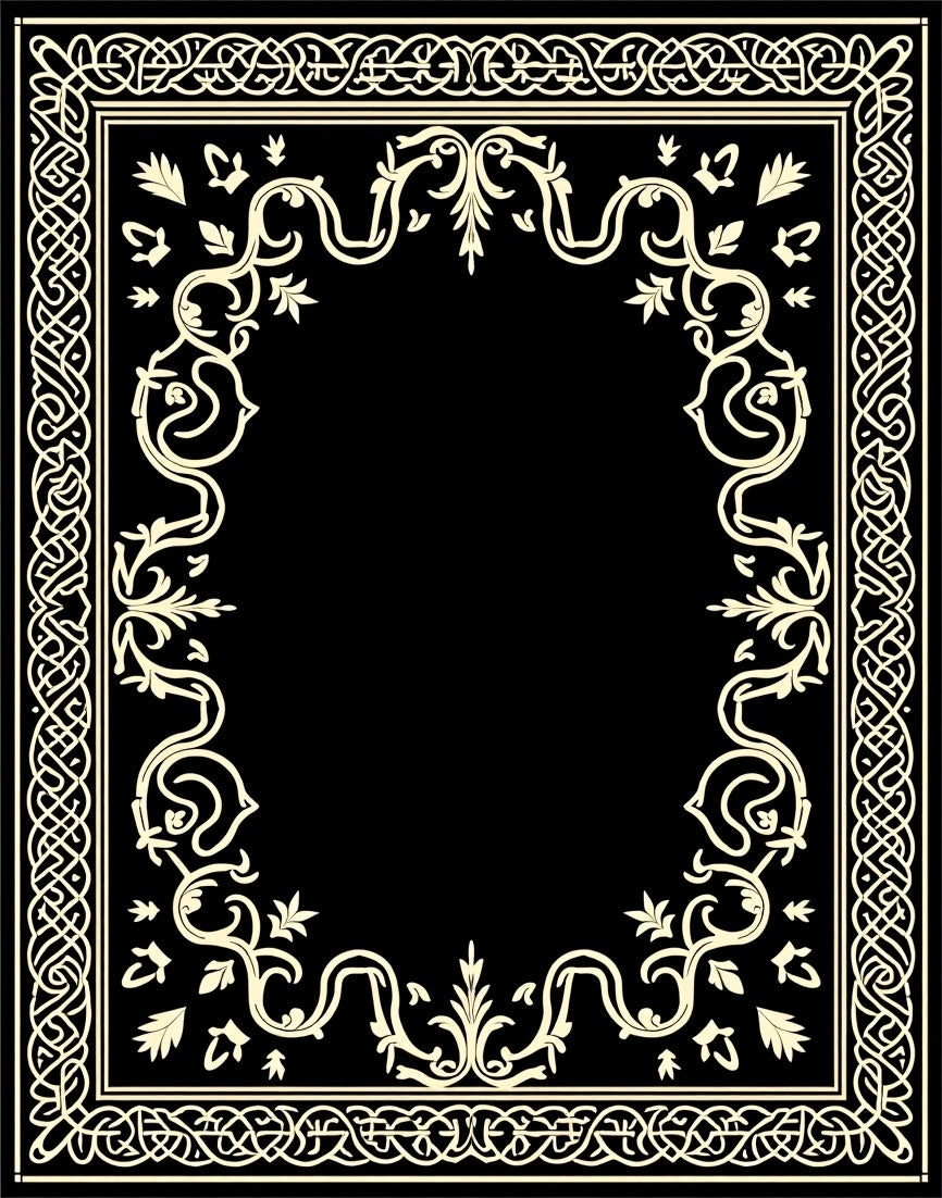 Elegant Black Ivory Scrollwork Border Rug