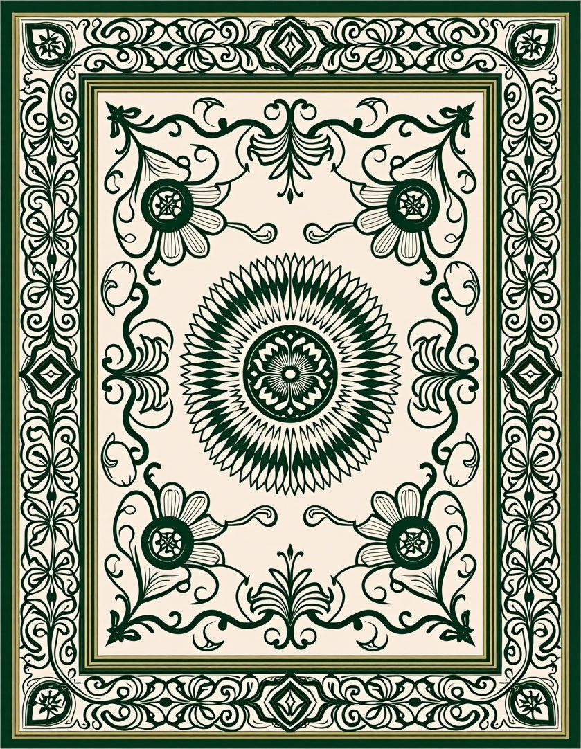 Dark Green Floral Medallion Intricate Design Rug