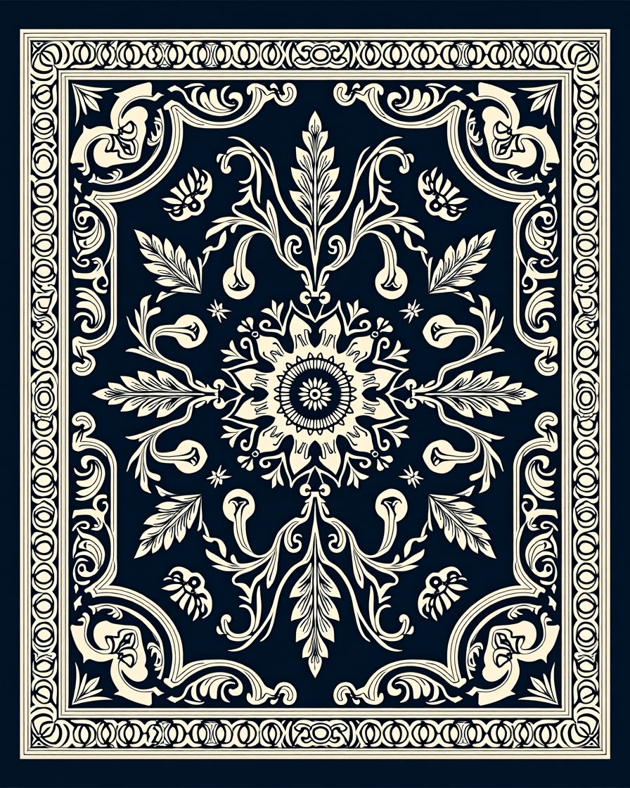 Ornate Floral Patterned Navy Rug