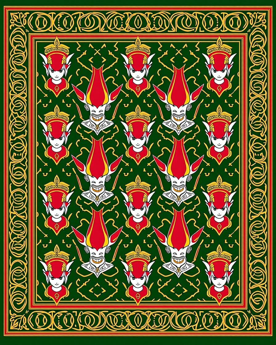 Green Red Yellow Character Border Rug