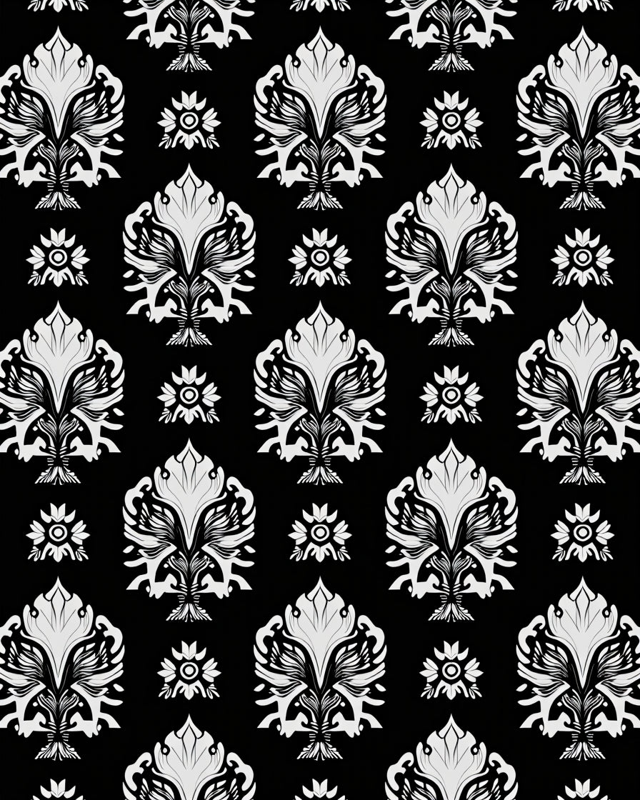 Ornate Black White Floral Pattern Rug