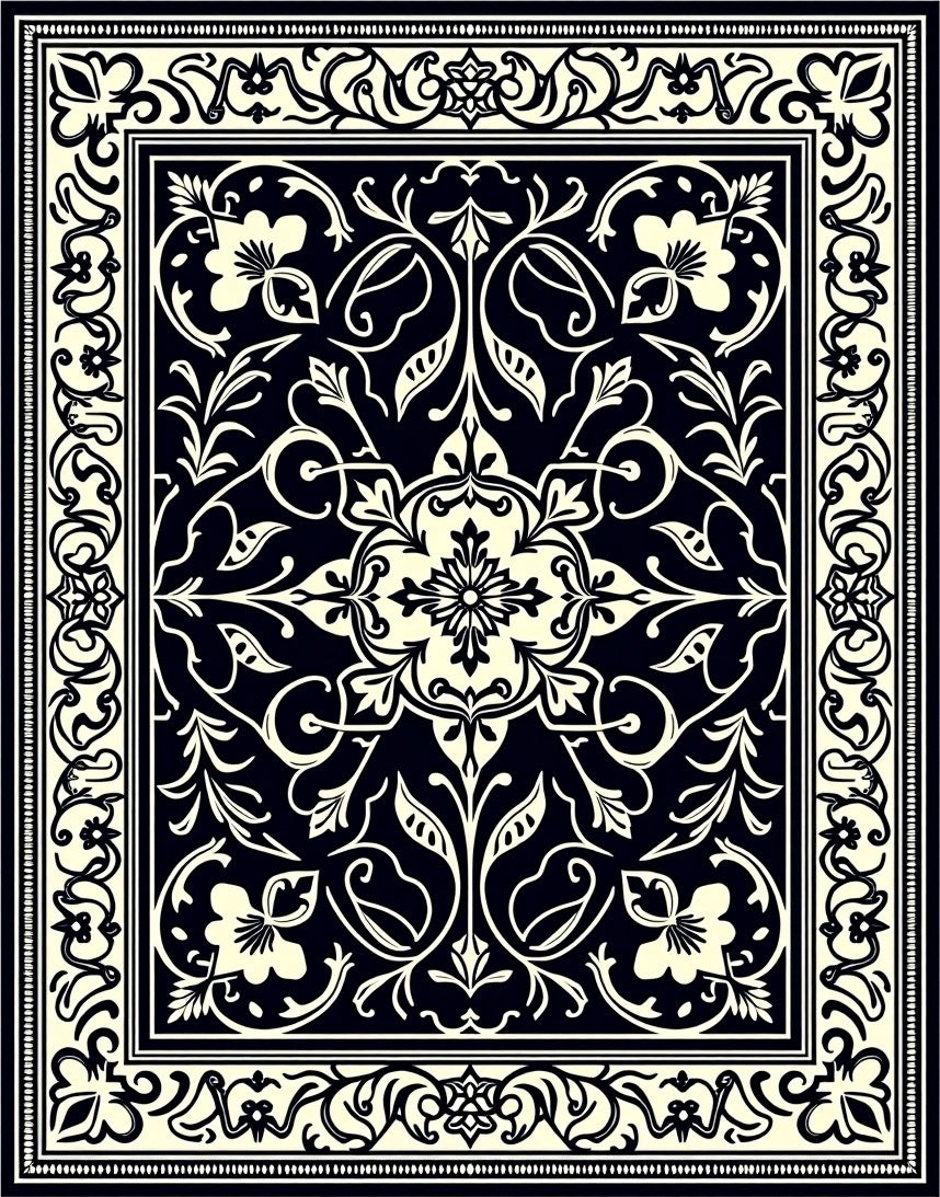 Classic Black Cream Floral Intricate Design Rug