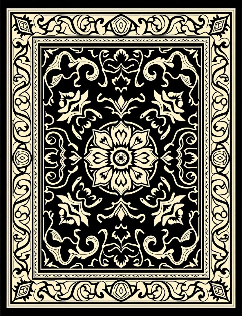 Classic Black Cream Floral Design Rug