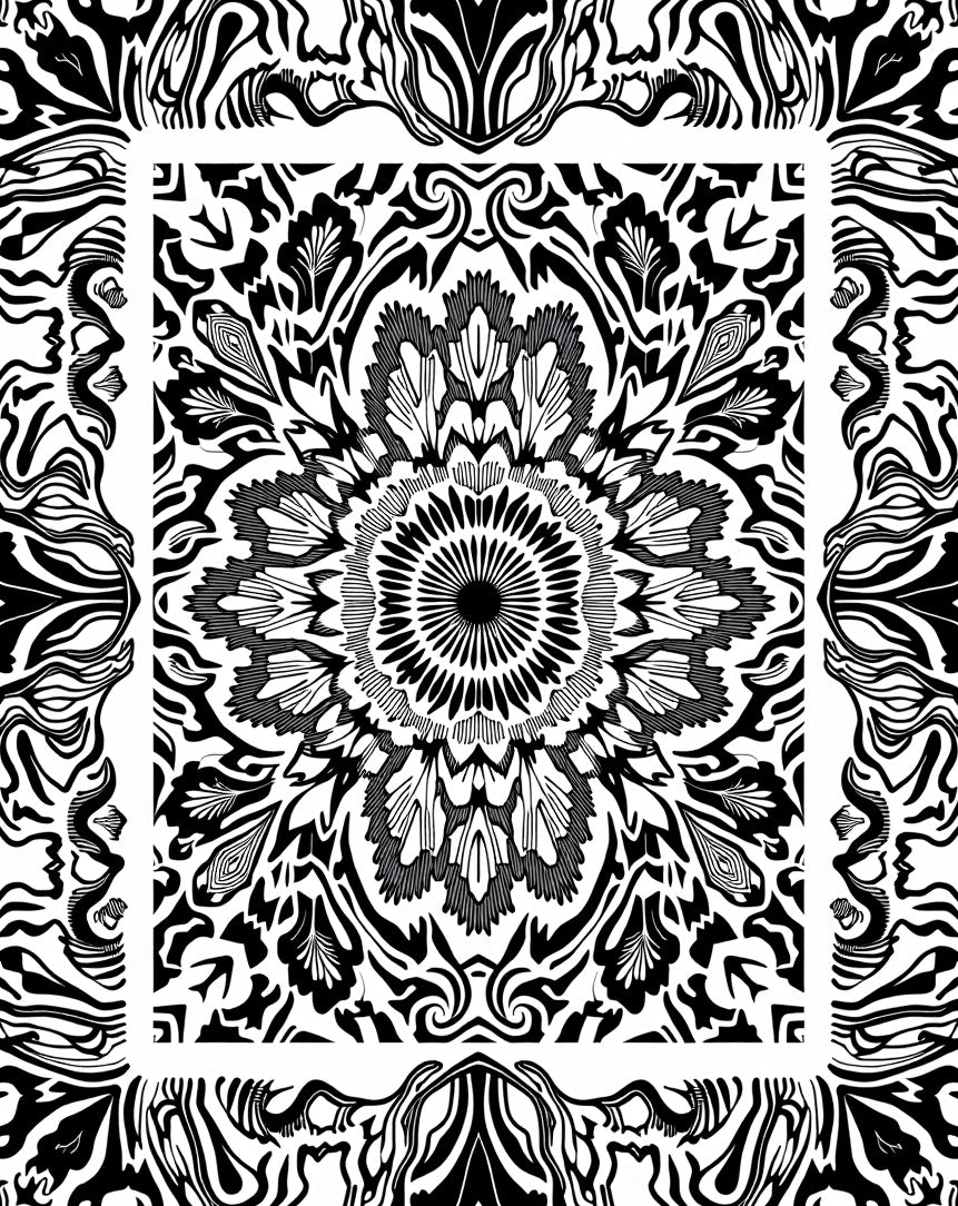 Black White Intricate Floral Mandala Pattern Rug