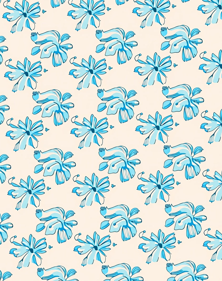 Coastal Blue Floral Sketch Pattern Rug