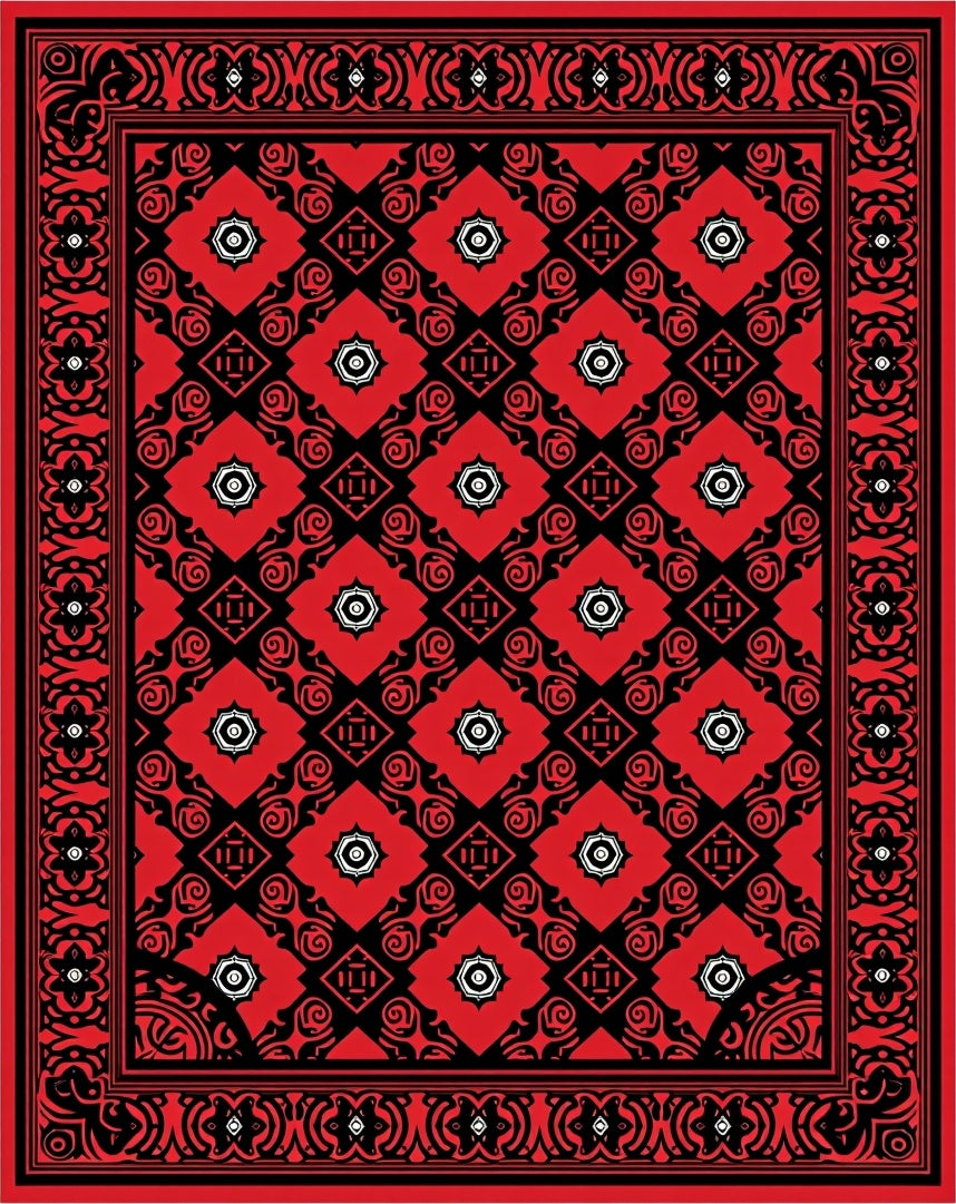 Bold Red Black Geometric Pattern Rug