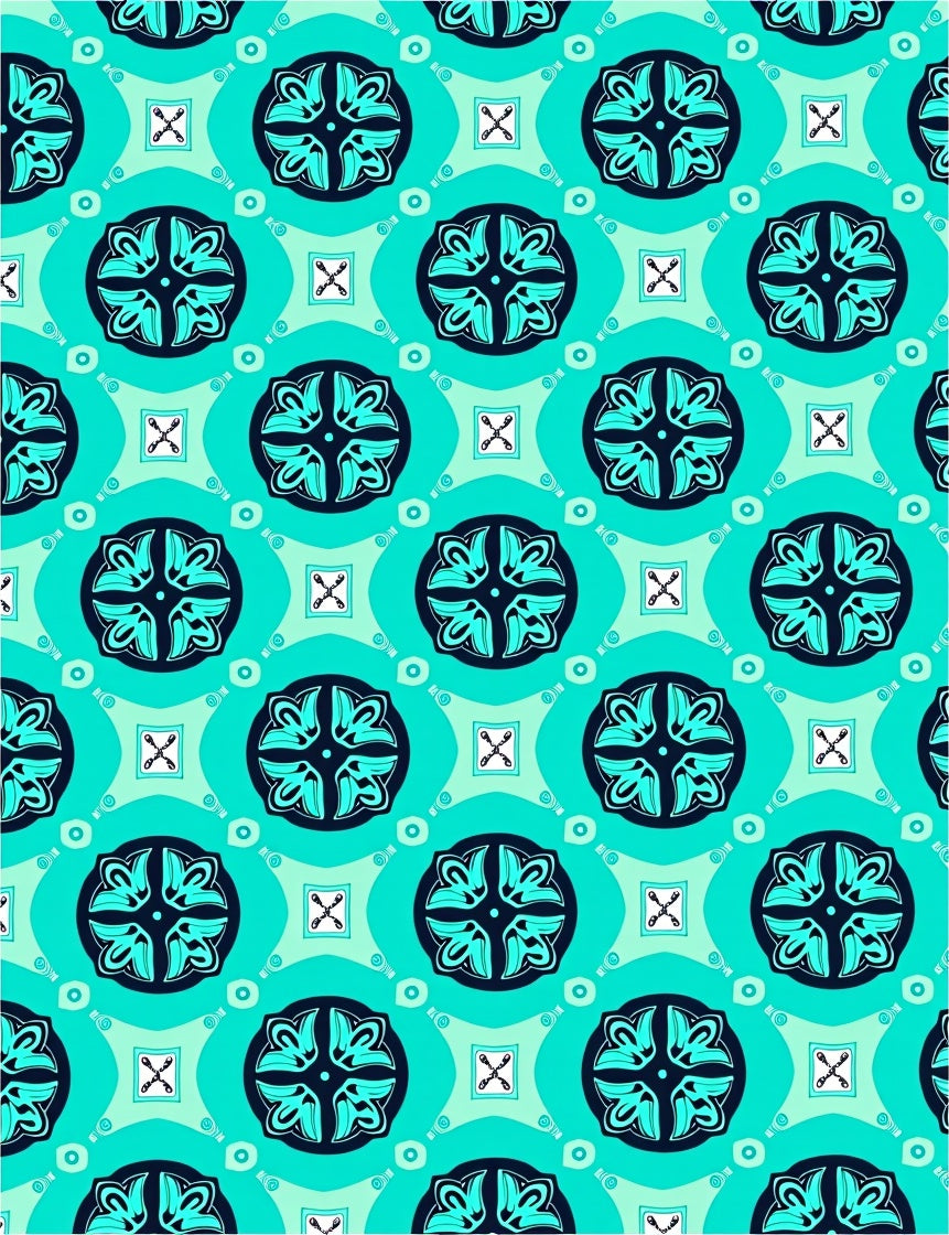 Teal and Navy Geometric Floral Pattern Rug