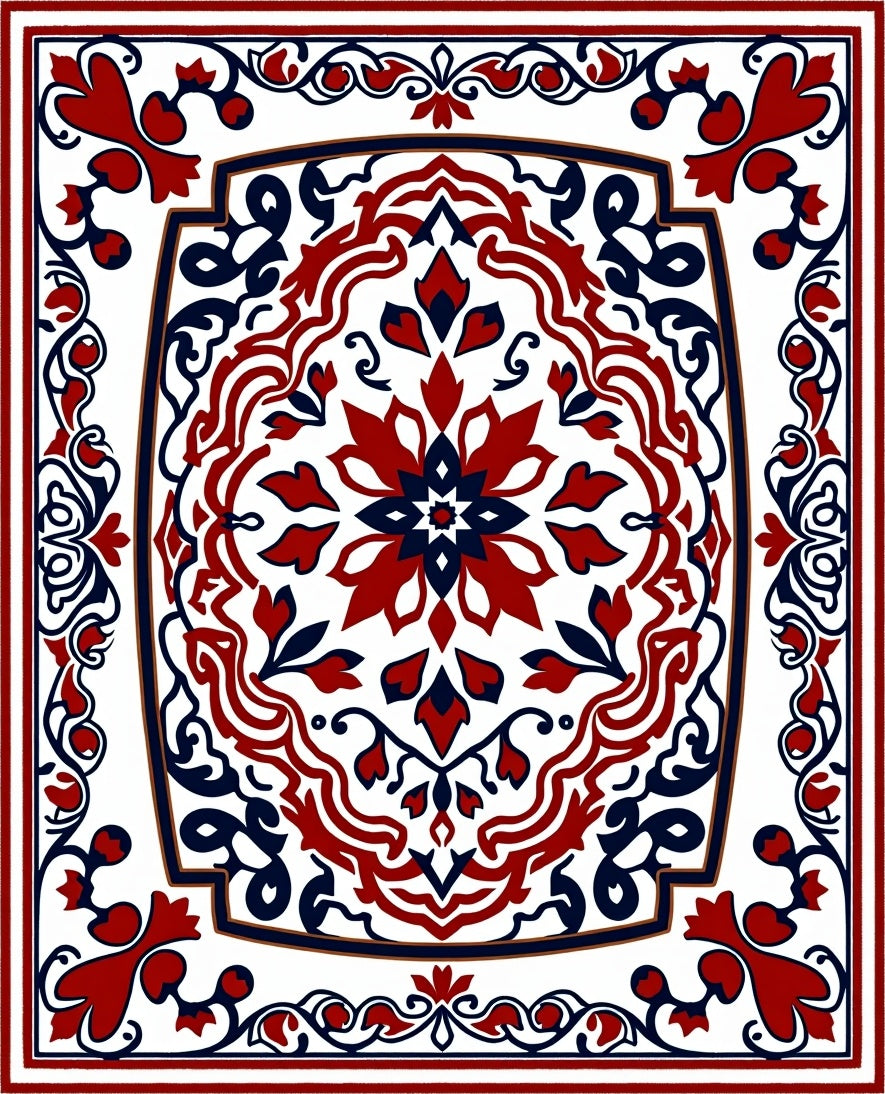 Red Blue Intricate Floral Medallion Rug