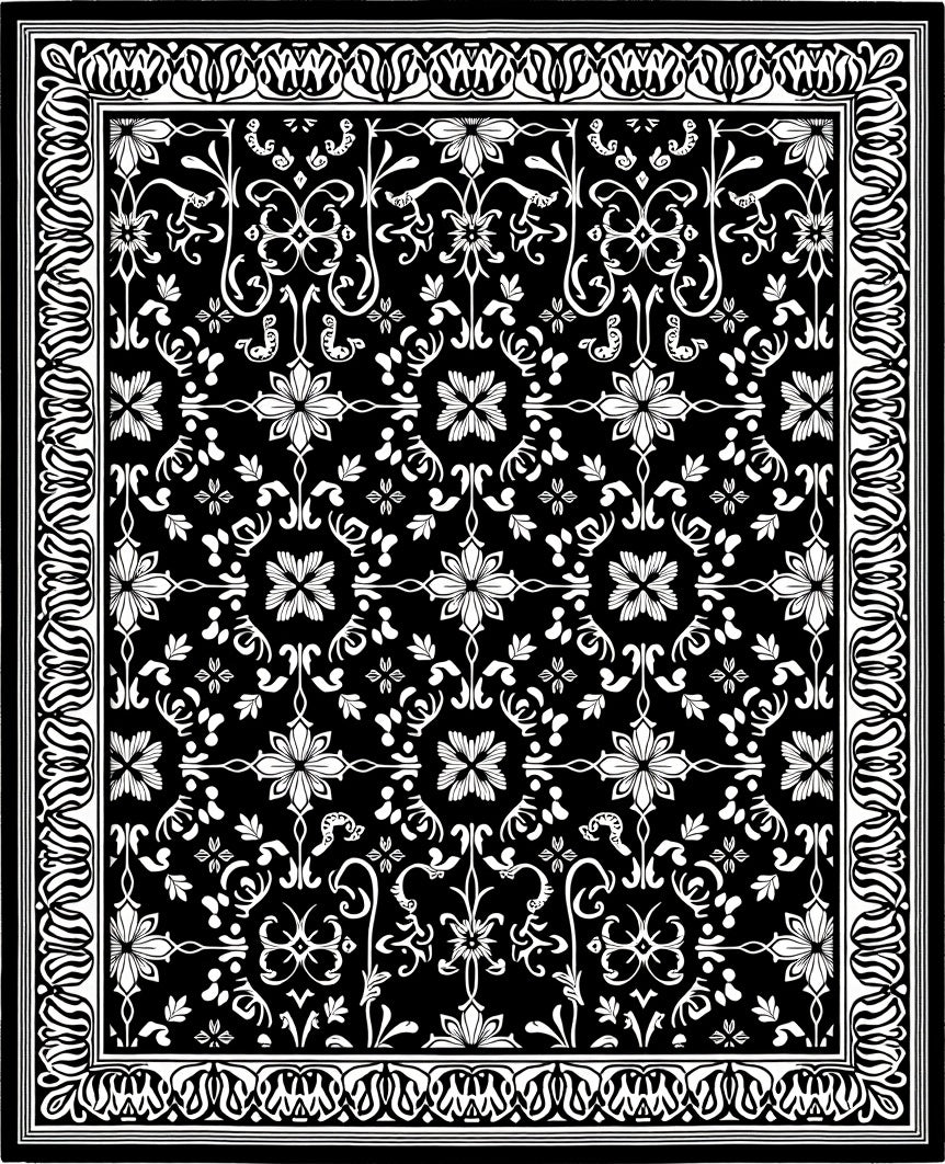 Ornate Floral Black White Pattern Rug