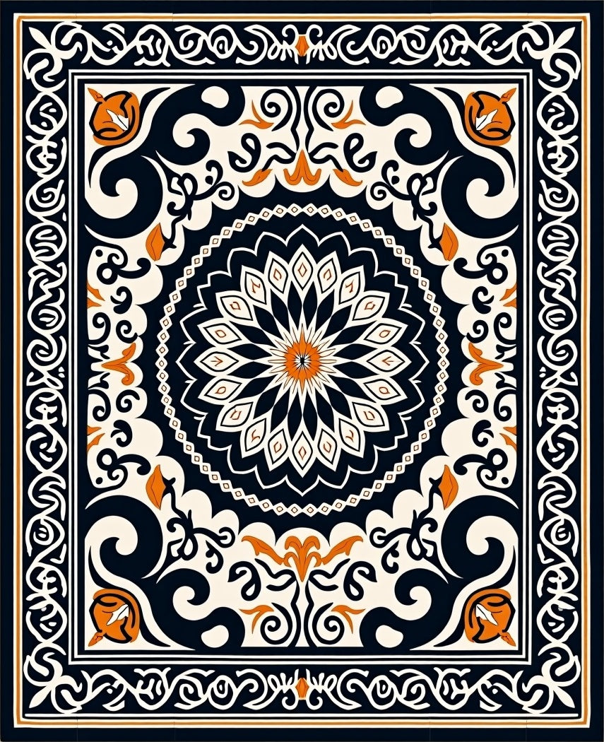Ornate Black Orange Floral Medallion Rug
