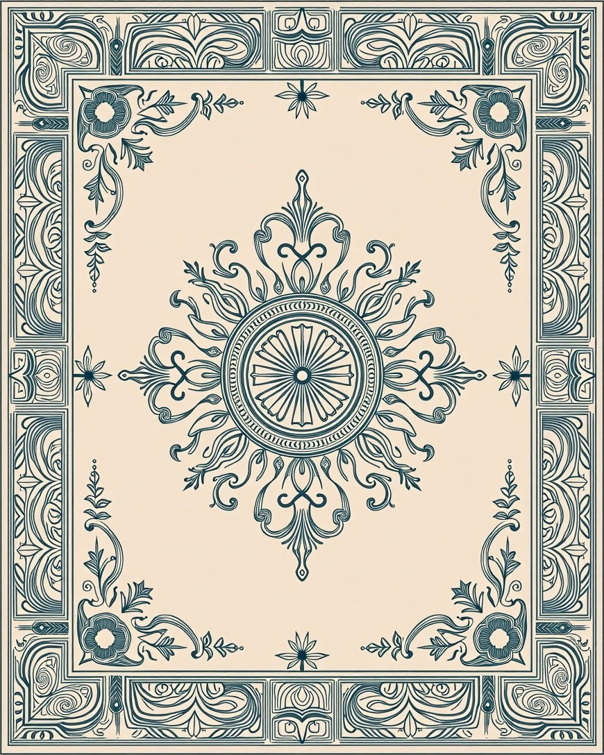 Ornate Teal Sunburst Floral Square Rug
