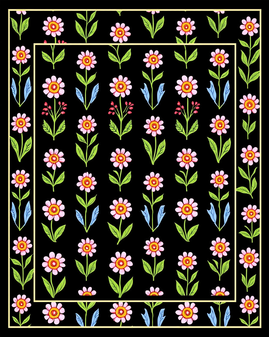 Pink Floral Pattern with Black Background Rug