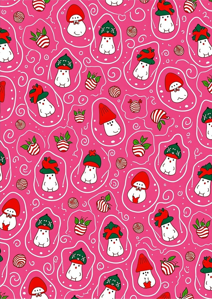 Whimsical Red Mushroom Characters Pink Background Rug