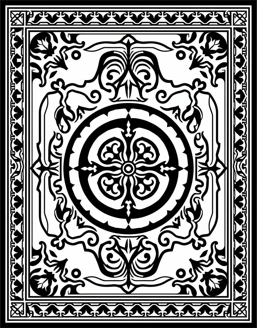 Intricate Black Scrollwork Mandala Design Rug