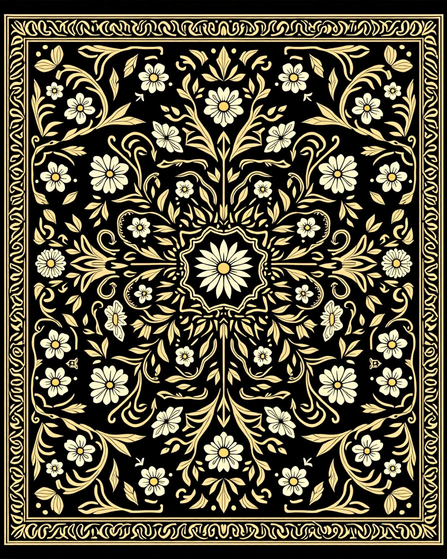 Vintage Floral Motif Black Gold Rug