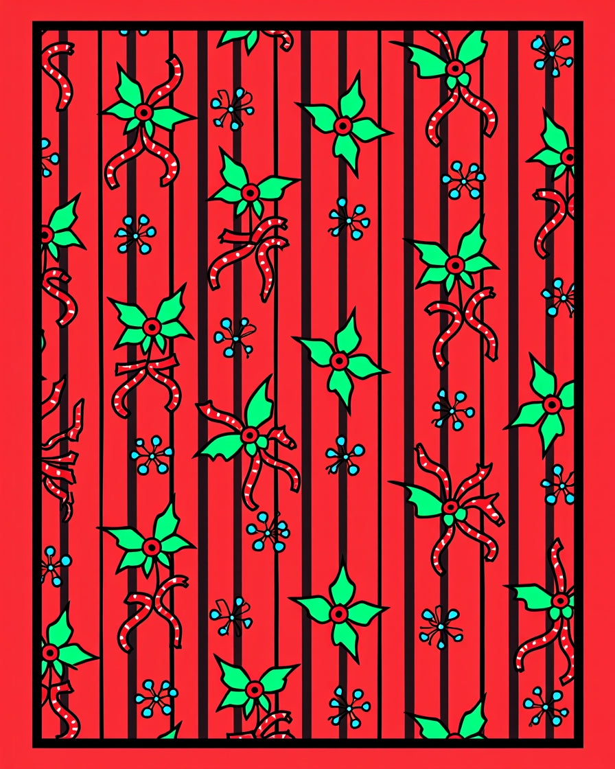 Red Holly Bow Snowflake Striped Rug