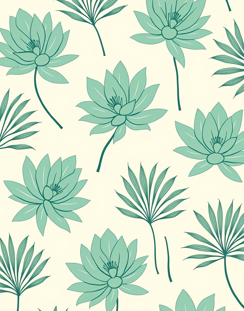 Teal Lotus Fan Tropical Design Rug