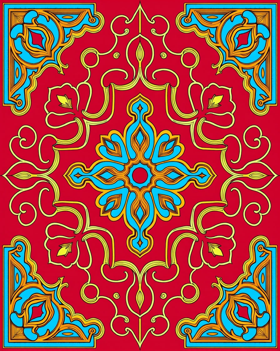 Red Teal Gold Floral Medallion Design Rug