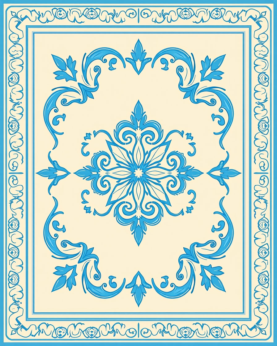 Elegant Blue Floral Medallion Border Design Rug
