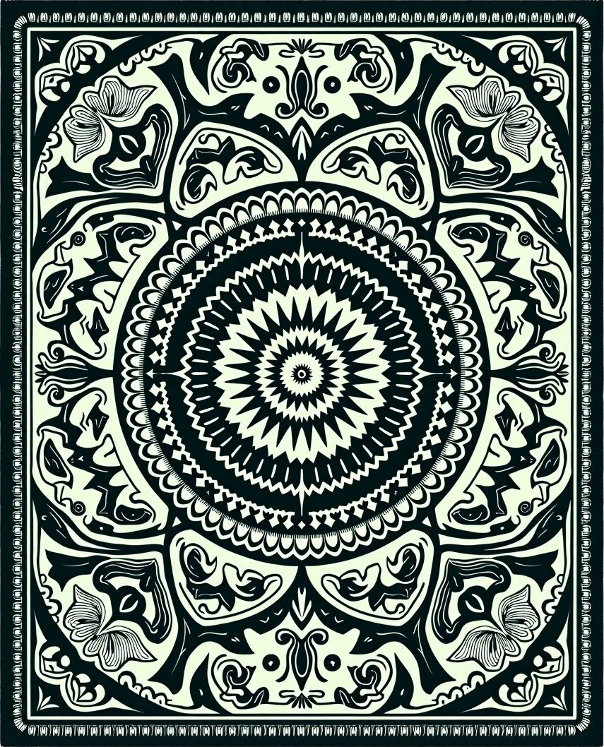Intricate Floral Mandala Black and Ivory Rug