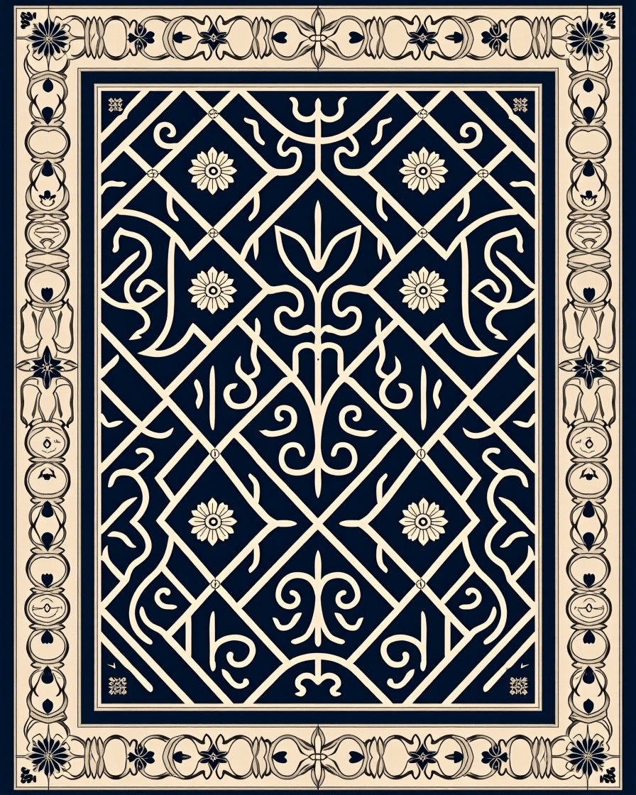 Ornate Geometric Floral Cream Navy Rug