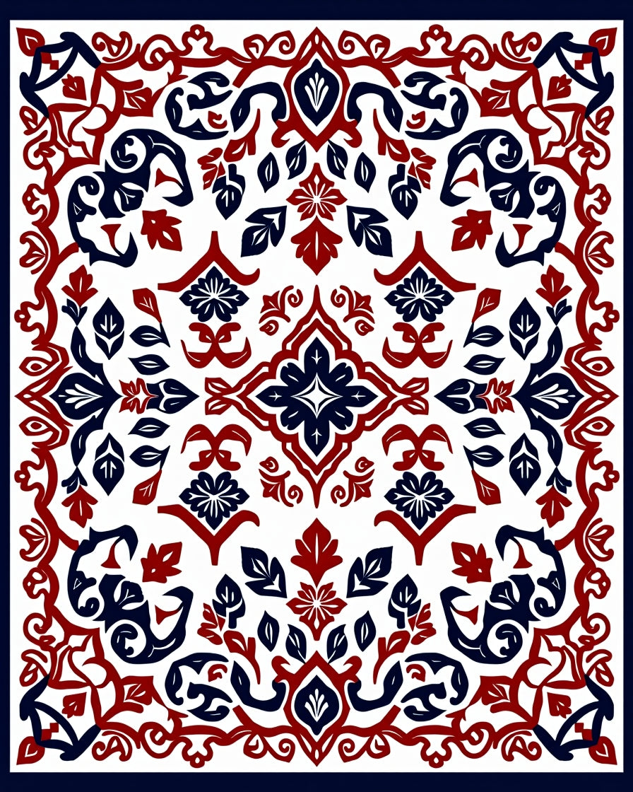 Classic Red Navy Floral Medallion Pattern Rug