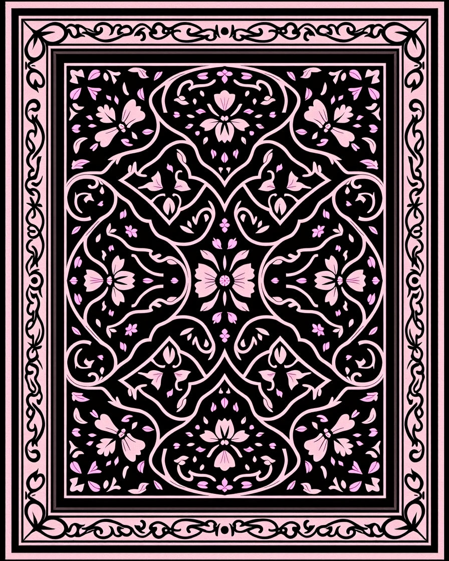 Black Pink Floral Lattice Medallion Rug