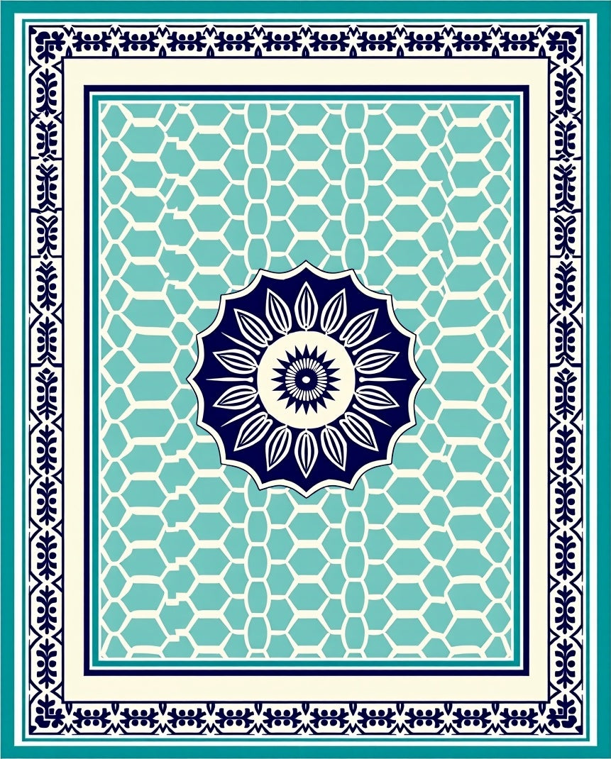 Marine Blue Medallion Hexagonal Pattern Rug