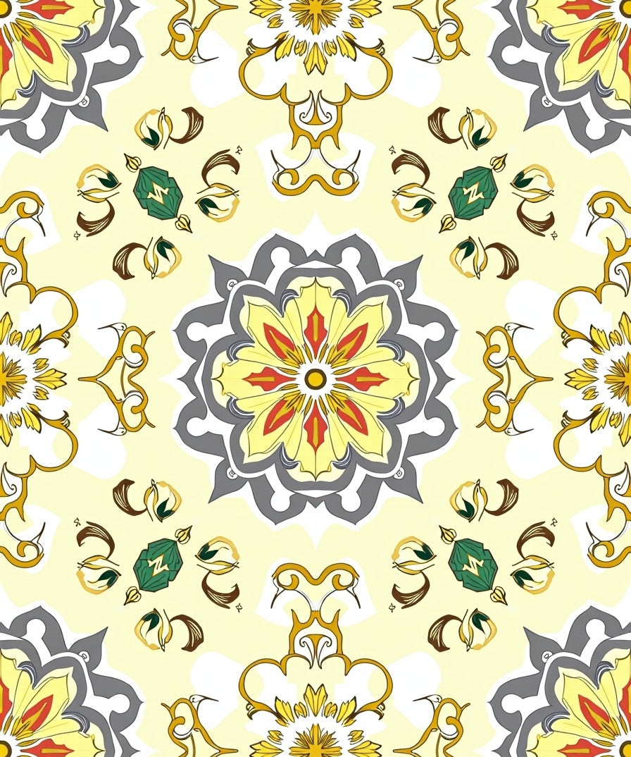 Mandala Floral Yellow Grey Pattern Rug