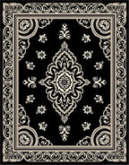 Ornate Floral Black Creme Pattern Rug