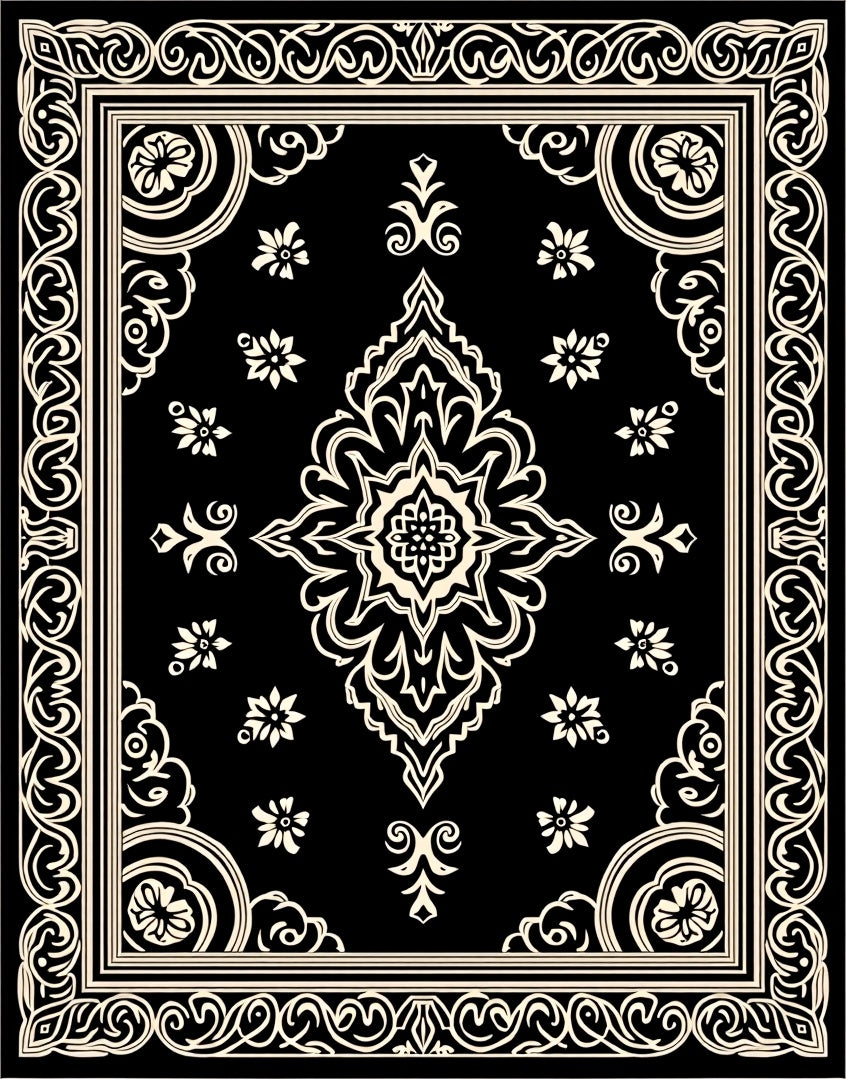 Ornate Floral Black Creme Pattern Rug