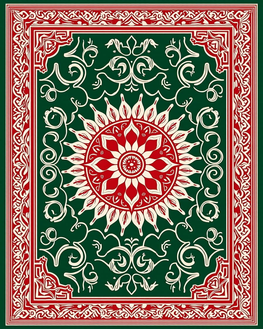 Classic Red Green Floral Medallion Rug