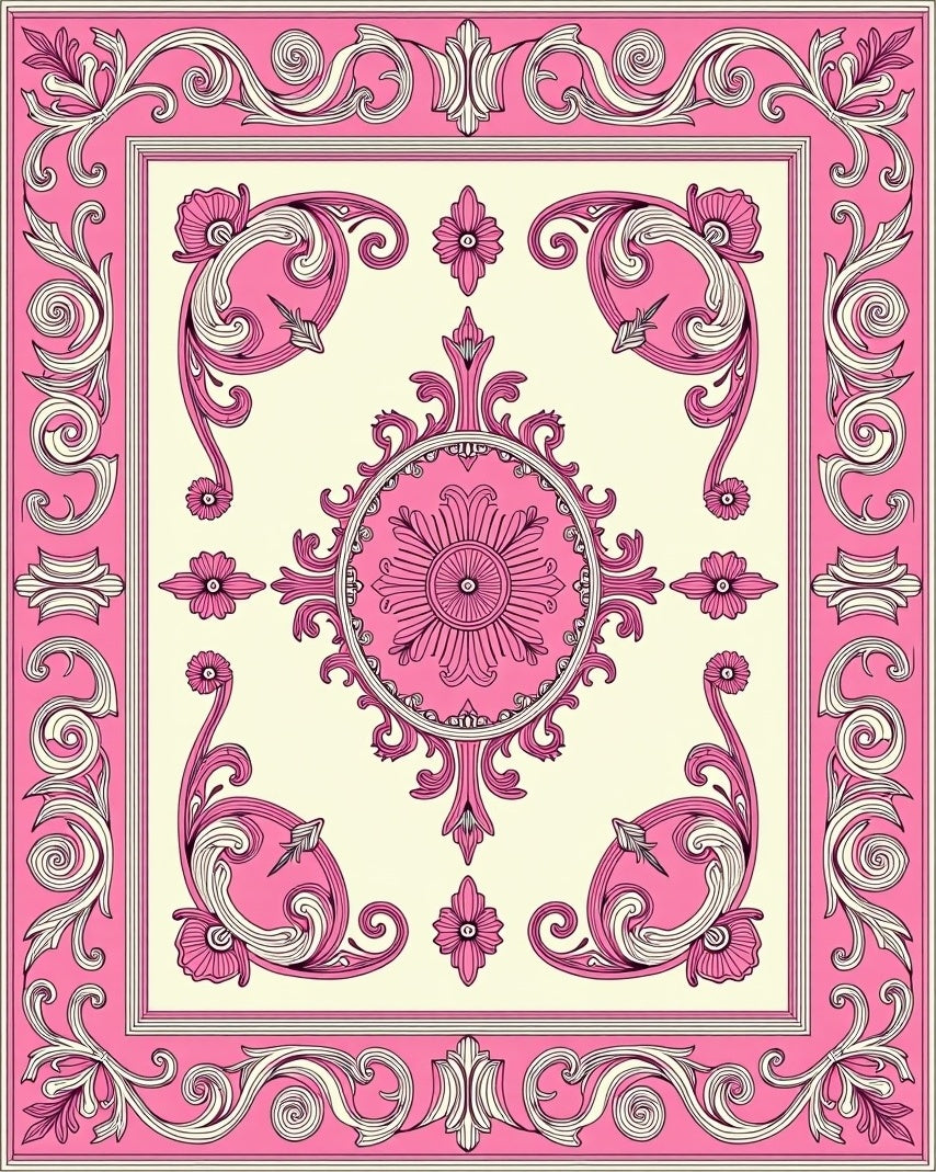 Ornate Pink and Cream Scroll Medallion Rug