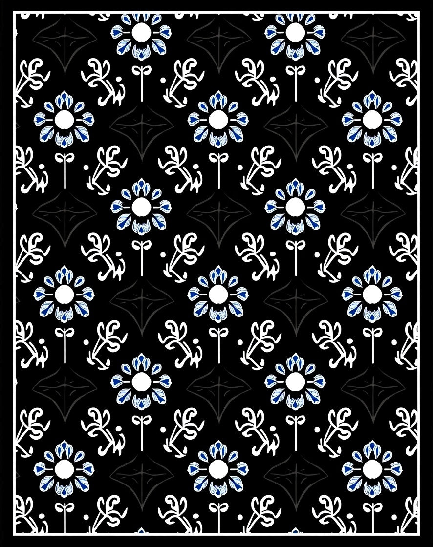 Black Blue Floral Medallion Vine Rug