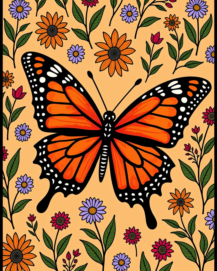 Orange Butterfly With Floral Art Rug