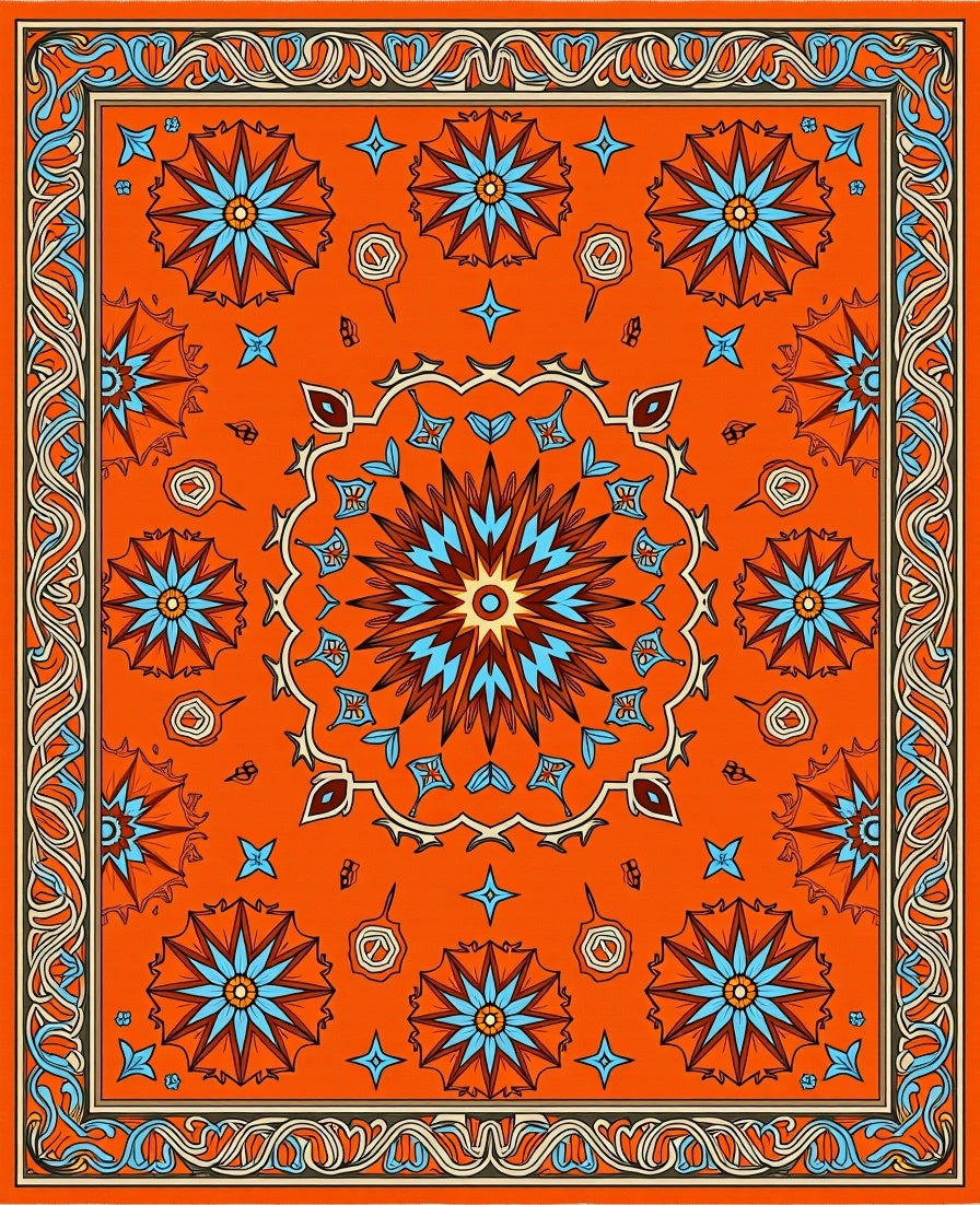 Ornate Starburst Patterned Orange Rug